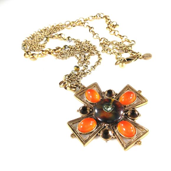 Chico's Maltese Cross Pendant Necklace, Orange Cabochons, Rhinestone, 35" Chain - Picture 4 of 11